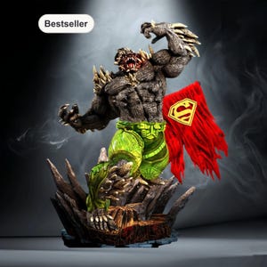 May include: A detailed figurine of Doomsday, a DC Comics character, with a red Superman cape. The figure is primarily gray, with green accents on the pants and a rocky base. The word "Bestseller" is in a white oval.
