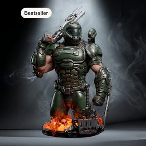 Puede incluir: Estatua detallada de un personaje del videojuego "Doom Eternal". La figura está vestida con una armadura verde y sostiene un arma grande. La base presenta llamas, calaveras y el logotipo del juego. La palabra "Bestseller" está en la esquina superior izquierda.