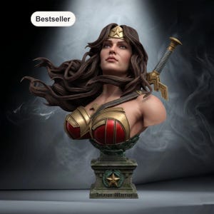 May include: A bust of Wonder Woman, featuring her iconic golden tiara, armor, and flowing dark hair. The statue has a red and gold color scheme, with a sword resting on her shoulder. The base is inscribed with "Amazon Warrior."