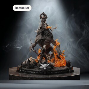 May include: A detailed statue depicting a battle between two figures and a large monster with antlers and flames. The figures wear dark clothing, and the base features a wolf emblem and the word "Bestseller". The background is smoky.