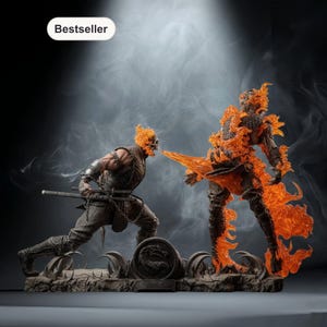 Op de afbeelding: Een gedetailleerd actiefiguur diorama met twee personages in vlammen. Eén figuur, met een zwaard, staat in een vechthouding, terwijl de andere volledig in brand staat. De basis heeft een steenachtige textuur en het woord "Bestseller" staat linksboven.
