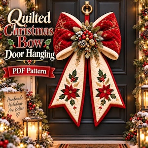Könnte beinhalten: Ein PDF-Schnittmuster für einen gesteppten Weihnachts-Türschmuck in Schleifenform, bestehend aus einer großen rot-cremefarbenen Stoffschleife mit Goldstickerei, verziert mit Tannenzapfen, Beeren und Tannengrün sowie Poinsettia- und Stechpalmenstickerei.