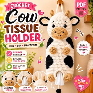 Crochet Cow Tissue Holder Pattern (PDF Download), Farmhouse Bag Organizer