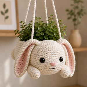 May include: A cream-coloured crocheted hanging planter shaped like a rabbit with long ears featuring pink inner details, black plastic eyes, and a stitched pink nose and mouth. The planter is suspended by white braided cords and holds a green plant.