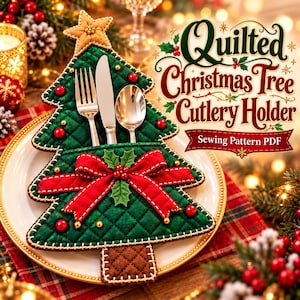 May include: A quilted Christmas tree-shaped cutlery holder in dark green with a brown trunk, topped with a gold star. It features a red fabric bow, holly leaves, and small red beads. A fork, knife, and spoon are tucked inside. Text reads Quilted Christmas Tree Cutlery Holder Sewing Pattern PDF.