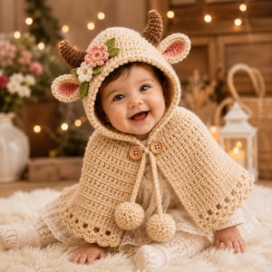 May include: A smiling baby wearing a beige crochet cow costume with a hood, horns, and floral accents. The costume includes a cape with wooden buttons and pom-pom ties. The baby is sitting on a fluffy white rug.