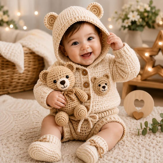 Crochet Bear Hoodie, Shorts, Booties Pattern Set (PDF Download)