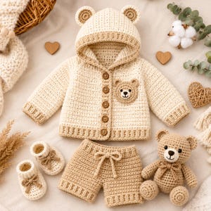 May include: A cream-colored crochet baby outfit set featuring a hooded jacket with bear ears, shorts, and booties. The jacket has a bear face applique and wooden buttons. A crochet teddy bear is also included. The set is perfect for a baby shower gift.