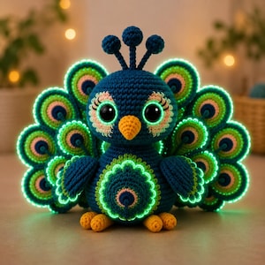 May include: A handcrafted crochet peacock with a vibrant design. The peacock features a blue body, a yellow beak, and large, expressive eyes. Its tail feathers are green and pink, outlined with a glowing green effect. The peacock's feet are yellow.