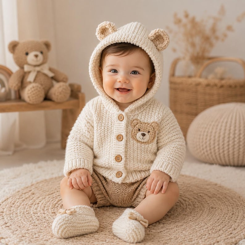 May include: A smiling baby wearing a cream-colored knitted bear hoodie with matching booties and shorts. The hoodie has bear ears and a bear face patch. The baby is sitting on a round, woven rug.