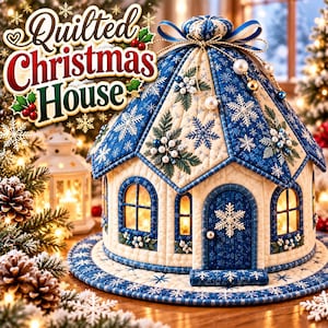 May include: A quilted Christmas house decoration in blue and cream fabric featuring snowflake patterns, arched windows with warm interior lighting, a central door with a snowflake accent, and decorative pearl and bead embellishments.