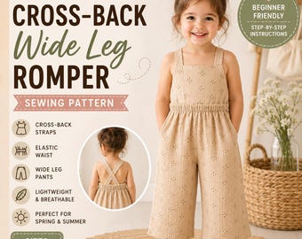 Toddler Cross-Back Wide Leg Romper Sewing Pattern (PDF), Beginner Friendly, Sizes 12M-5T