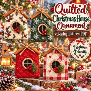May include: Four quilted house ornaments featuring cinnamon stick roofs, jute twine bows, and circular windows with red berries and pine needles. The ornaments are white with holly, dark green with snowflakes, solid red, and red-and-white plaid.