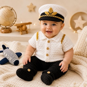 Puede incluir: Un bebé con un conjunto de piloto de ganchillo, que incluye una gorra blanca con borde negro y detalles dorados, una camisa blanca con botones de madera y pantalones negros. Un juguete de avión de ganchillo está cerca.