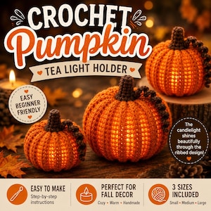Crochet Pumpkin Tea Light Holder Pattern, Beginner Fall Decor (PDF Pattern)