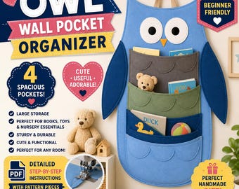 Owl Wall Pocket Organizer Sewing Pattern (PDF), Beginner Tutorial, Nursery Storage