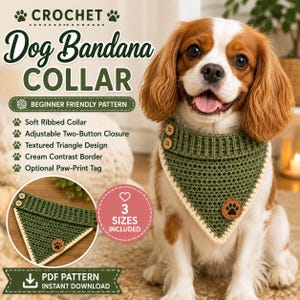 May include: A crochet dog bandana collar featuring a textured olive green triangle design with a cream contrast border, a soft ribbed collar section, an adjustable two-button closure, and a circular brown leather-style tag with a black paw print.