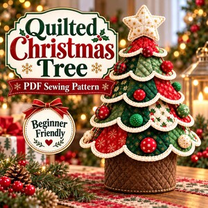 Può includere: Un albero di Natale in tessuto trapuntato con pannelli rossi e verdi a motivi di fiocchi di neve e agrifoglio, sormontato da una stella e decorato con piccoli ornamenti rotondi. Il testo recita Quilted Christmas Tree PDF Sewing Pattern.