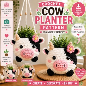 Crochet Cow Planter Pattern, Beginner Friendly PDF Tutorial (Instant Download)