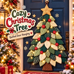 May include: A quilted Christmas tree door hanging featuring layered fabric leaves in shades of green, cream, and gold, topped with a gold star and accented with red buttons and integrated lights, with text reading Cozy Christmas Tree.