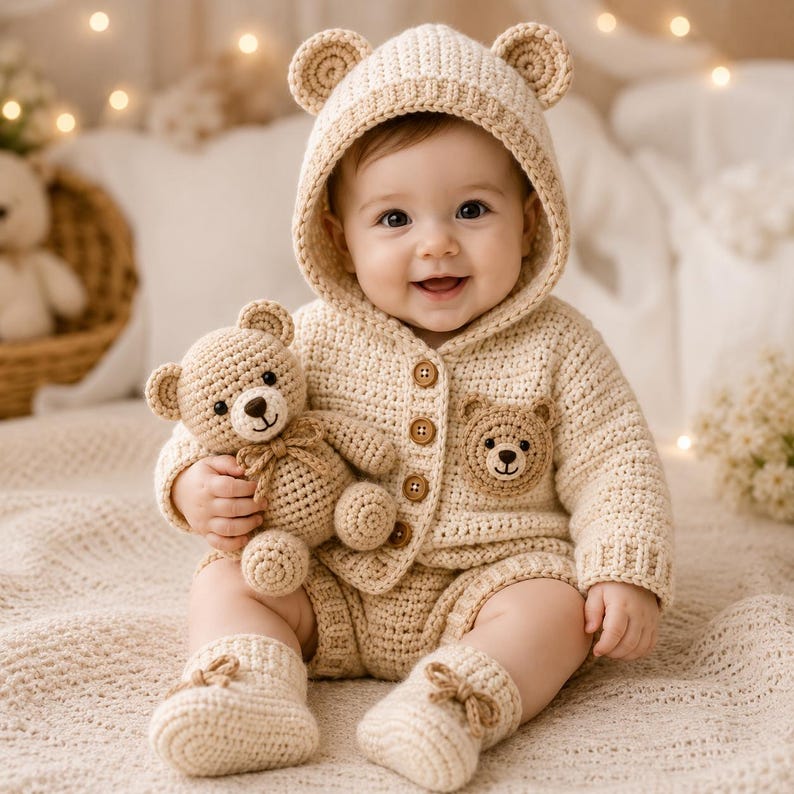 May include: A smiling baby wearing a beige crocheted bear-themed outfit, including a hooded jacket with bear ears, shorts, and booties. The baby holds a matching teddy bear. The outfit has a bear face patch on the chest.