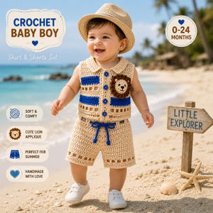 May include: A beige crochet shirt and shorts set featuring blue horizontal stripes, a brown lion applique on the chest, blue buttons, and a blue drawstring waist. The set includes a matching beige straw hat with a thin blue band.