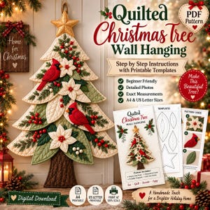 May include: A digital download for a quilted Christmas tree wall hanging pattern. The design features a fabric tree with a gold star, red cardinals, white poinsettias, and green leaves. Includes step-by-step instructions and printable templates.