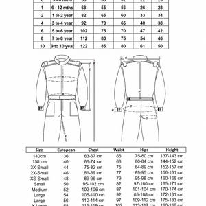 May include: A black and white technical sizing chart for clothing, featuring two line drawings of a jumpsuit with measurement indicators labeled A, B, E, F, G, H, M, and P, alongside two detailed tables listing size, age, and body measurements in centimeters.