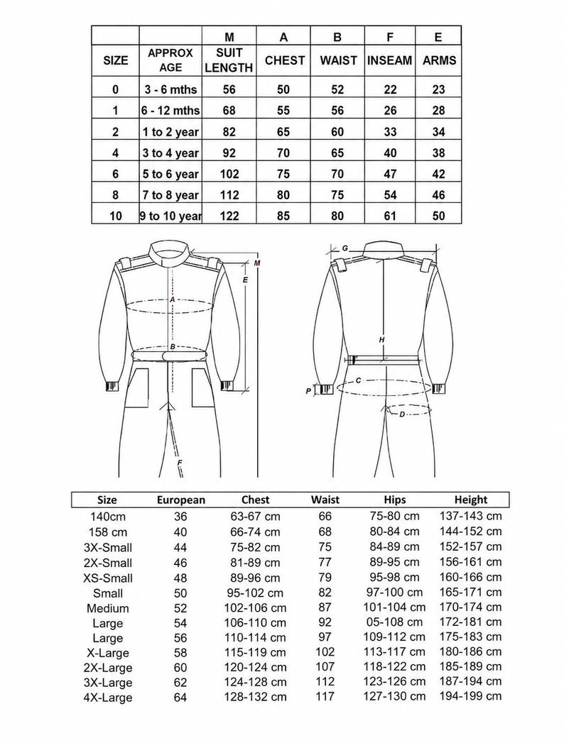 May include: A black and white technical sizing chart for clothing, featuring two line drawings of a jumpsuit with measurement indicators labeled A, B, E, F, G, H, M, and P, alongside two detailed tables listing size, age, and body measurements in centimeters.