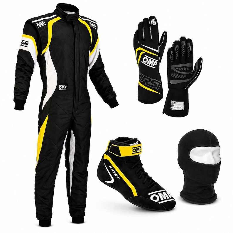 May include: A black racing suit with yellow and white accents, a pair of black racing gloves with yellow and white details, a black racing shoe with yellow and white trim, and a black balaclava, all featuring the OMP brand logo throughout.