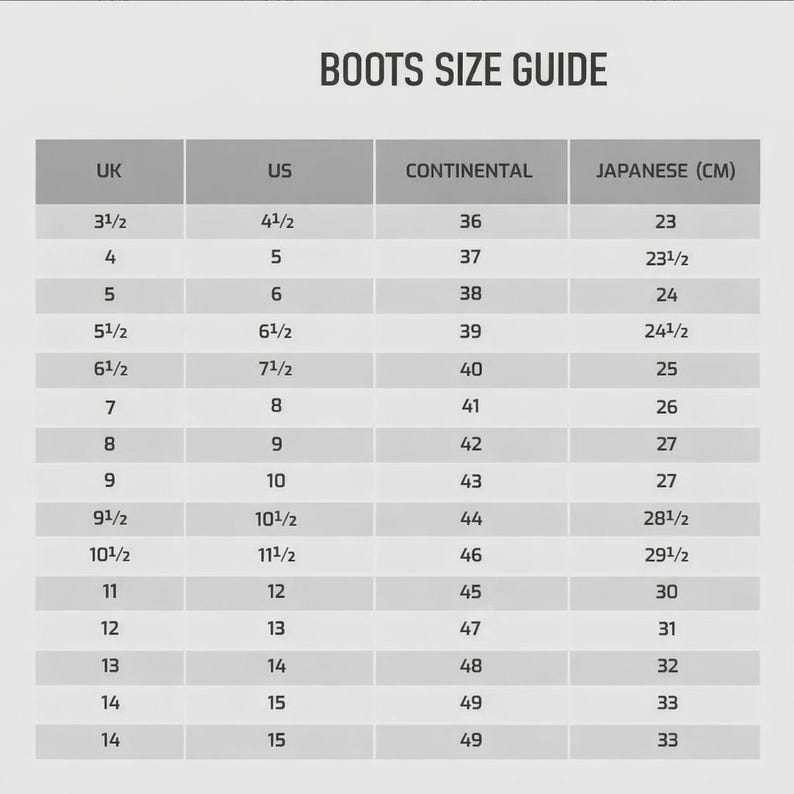 May include: A black and white boots size guide chart featuring columns for UK, US, Continental, and Japanese sizes in centimeters. The table lists various numerical size conversions starting from 3.5 UK and 4.5 US up to 14 UK and 15 US sizes.