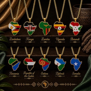 May include: Ten gold-toned chain necklaces featuring pendants shaped like the African continent, each filled with the national flag of Zimbabwe, Kenya, Zambia, Uganda, Burundi, Tanzania, Sudan, Eritrea, Djibouti, or Somalia, with country names printed below.
