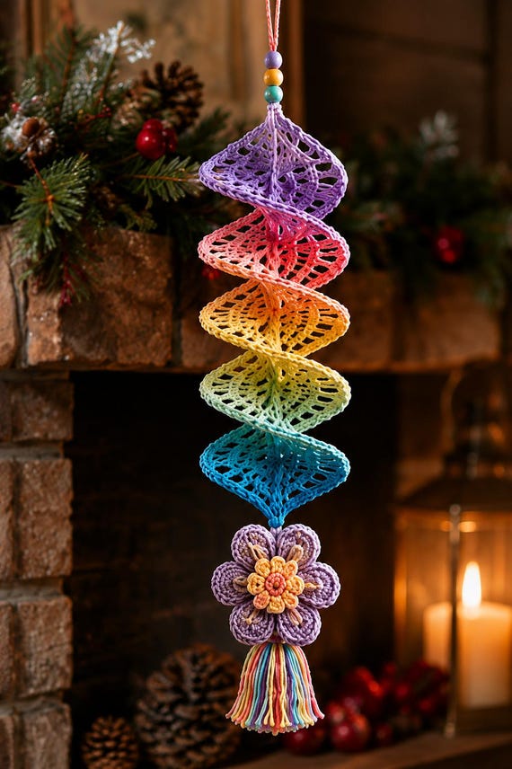 Crochet Wind Spinner Pattern PDF, Rainbow Spiral Hanging Decor, Colorful Outdoor Ornament, Crochet Suncatcher Tutorial, Beaded Crystal Decor