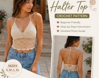 Summer Boho Crochet Halter Crop Top Pattern PDF, Beginner Friendly Aesthetic Style Crop Tops, Beachwear Tutorial, Digital Instant Download