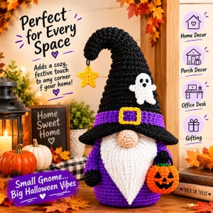 Halloweenpumpa-tomtevirkmönster PDF, hösttomte-amigurumi, Halloween-virkad dekoration, Jack O'Lantern-häxtomte, engelskt mönster, digitalt