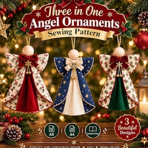 May include: Three hanging angel ornaments featuring wooden bead heads and fabric bodies. The left and right angels have holly-patterned wings with red and green velvet skirts. The center angel has a blue star-patterned body with a cream center.