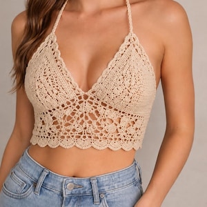 Virkad halterneck-bralette crop top-mönster i PDF-format, Boho Bralette-handledning, DIY-justerbar crop top, Måttbeställd BH-topp, Bikinitopp, Ladda ner