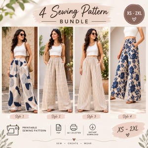 Wide Leg Pants Sewing Pattern Bundle, Women's Floral Elastic Waist Pants Pattern, Palazzo Trousers Pattern, Plus Size Sewing Pattern XS-2XL