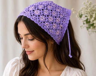 Crochet Bandana Pattern, Daisy Lace Flower Bandana, Granny Square Headscarf, Girl Summer accessory, Bandana Easy Crochet, Digital Download