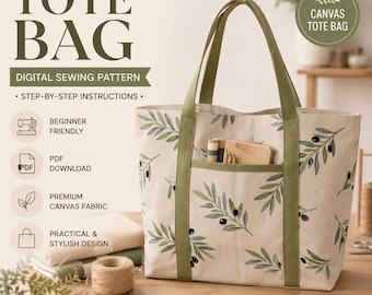 Tote Bag Sewing Pattern PDF, Canvas shopper bag, Step by Step Instructions with Photos, Daily Use Handbag (PDF Download)