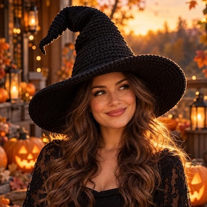 May include: A black crocheted witch hat with a tall, pointed, slightly curved crown and a wide, circular brim. The hat features a dense, textured yarn construction with a consistent dark black color throughout the entire piece.