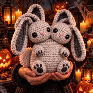 May include: A two-headed stuffed animal crafted from light brown yarn with a crochet texture. Each head features large black safety eyes, a small pink stitched nose, and long, floppy ears with dark gray inner panels. It has small paws and feet.