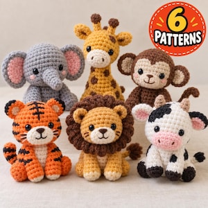 Safari Animals Crochet Pattern Bundle 6 in 1, Jungle Mini Amigurumi PDF, Elephant Giraffe Monkey Tiger Lion Cow Crochet Patterns