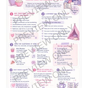 May include: A colorful infographic titled "High-Needs Sleepovers" with tips for children. It includes sections on challenges, hosting, benefits, and ideas for sleepovers. The image features a tent, a pillow, and a teacup.