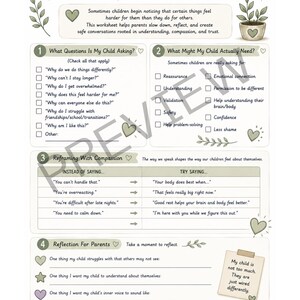 May include: A printable worksheet titled Understanding Me: A Parent Reflection & Conversation Worksheet. The document features numbered sections with checkboxes, prompts for reflection, and a table comparing phrases, decorated with small green heart and plant illustrations.