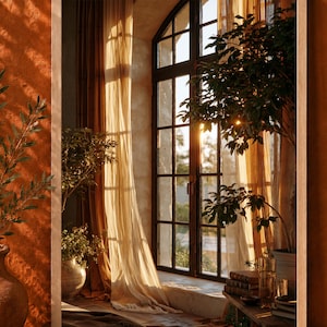 May include: A rectangular wall mirror with a light-toned wooden frame. The mirror reflects an interior scene featuring a large arched window with black frames, sheer curtains, potted plants, and a wooden table with stacked books in warm light.