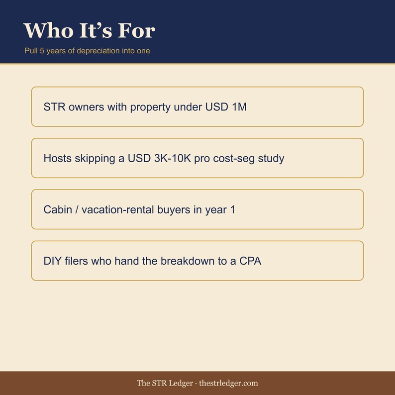 Cost Segregation DIY Workbook – STR Bonus Depreciation Calculator (Excel) 画像 3