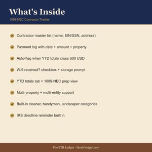 1099-NEC Contractor Tracker — Airbnb STR Host Tax Template — 600 Threshold Auto-Flag — Excel Spreadsheet image 2