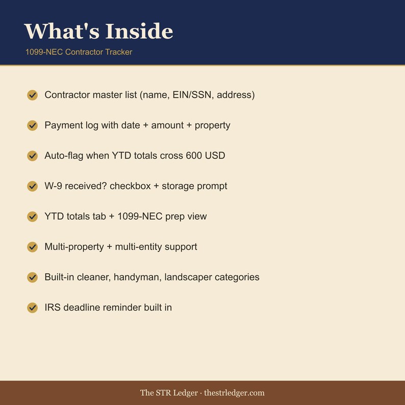 1099-NEC Contractor Tracker — Airbnb STR Host Tax Template — 600 Threshold Auto-Flag — Excel Spreadsheet image 2