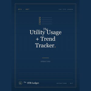 May include: A dark blue graphic with the text "The Utility Usage + Trend Tracker." The design includes a checklist, the words "Operations," and "The STR Ledger." The background has a grid pattern.
